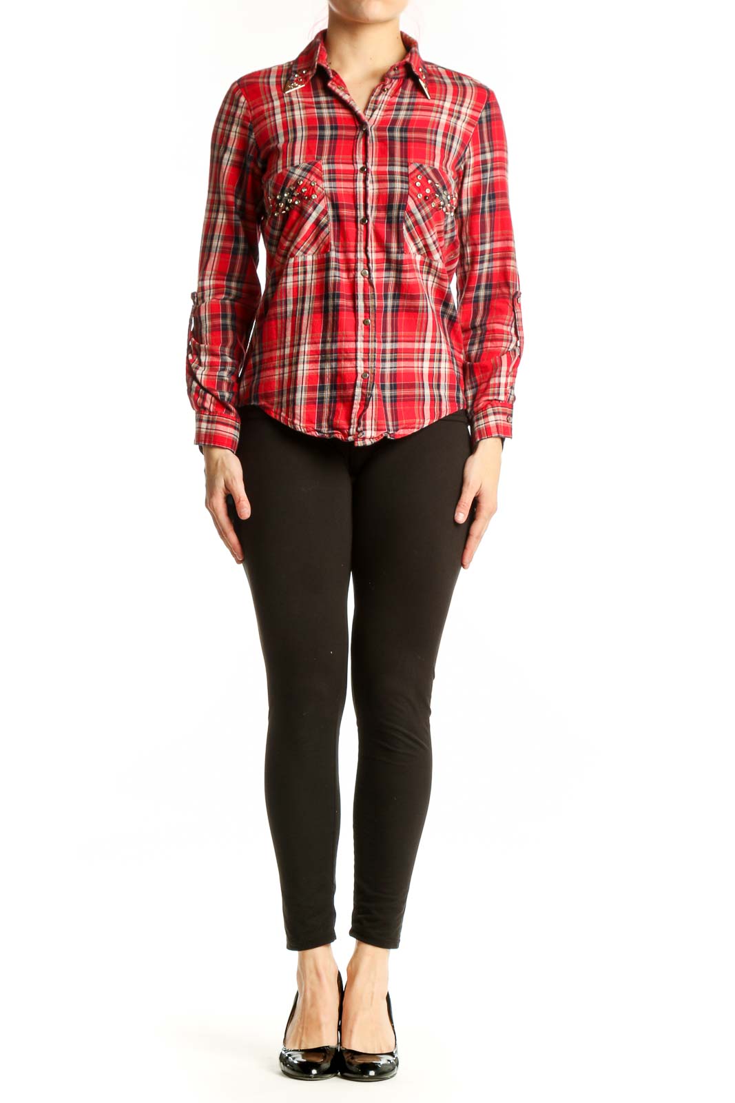 Red and white plaid cotton button-up shirt with studded chest pockets, front view