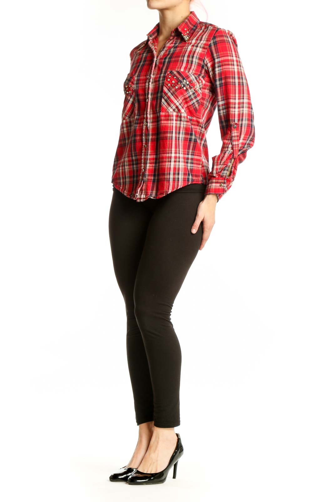 Red and white plaid cotton button-up shirt with studded chest pockets, front view