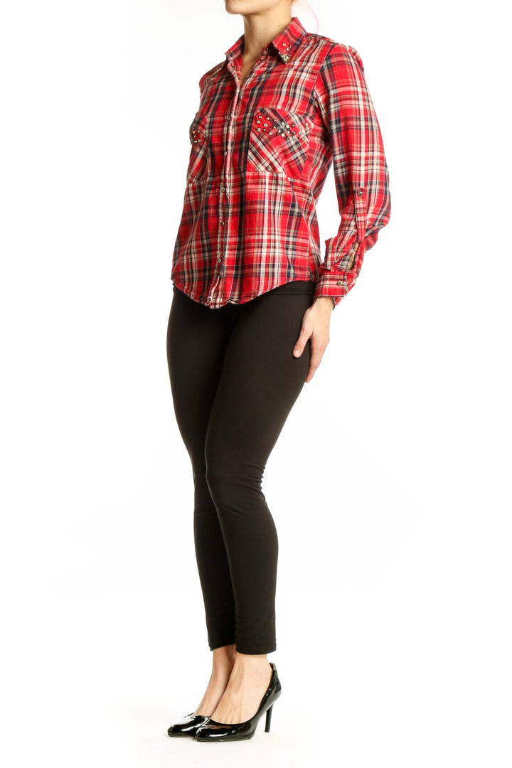 Red and white plaid cotton button-up shirt with studded chest pockets, front view