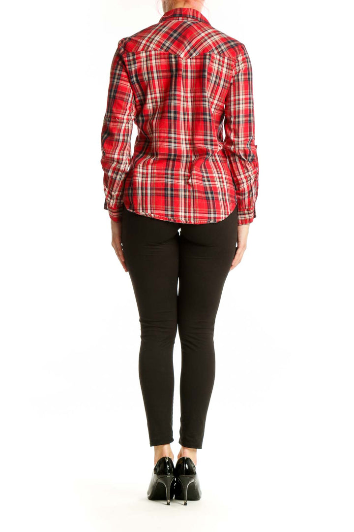 Red and white plaid cotton button-up shirt, back view on model