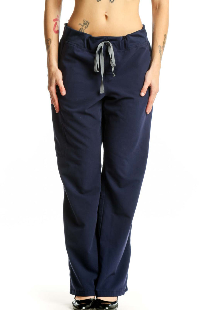 Navy drawstring jogger pants front view showing relaxed fit and adjustable waistband