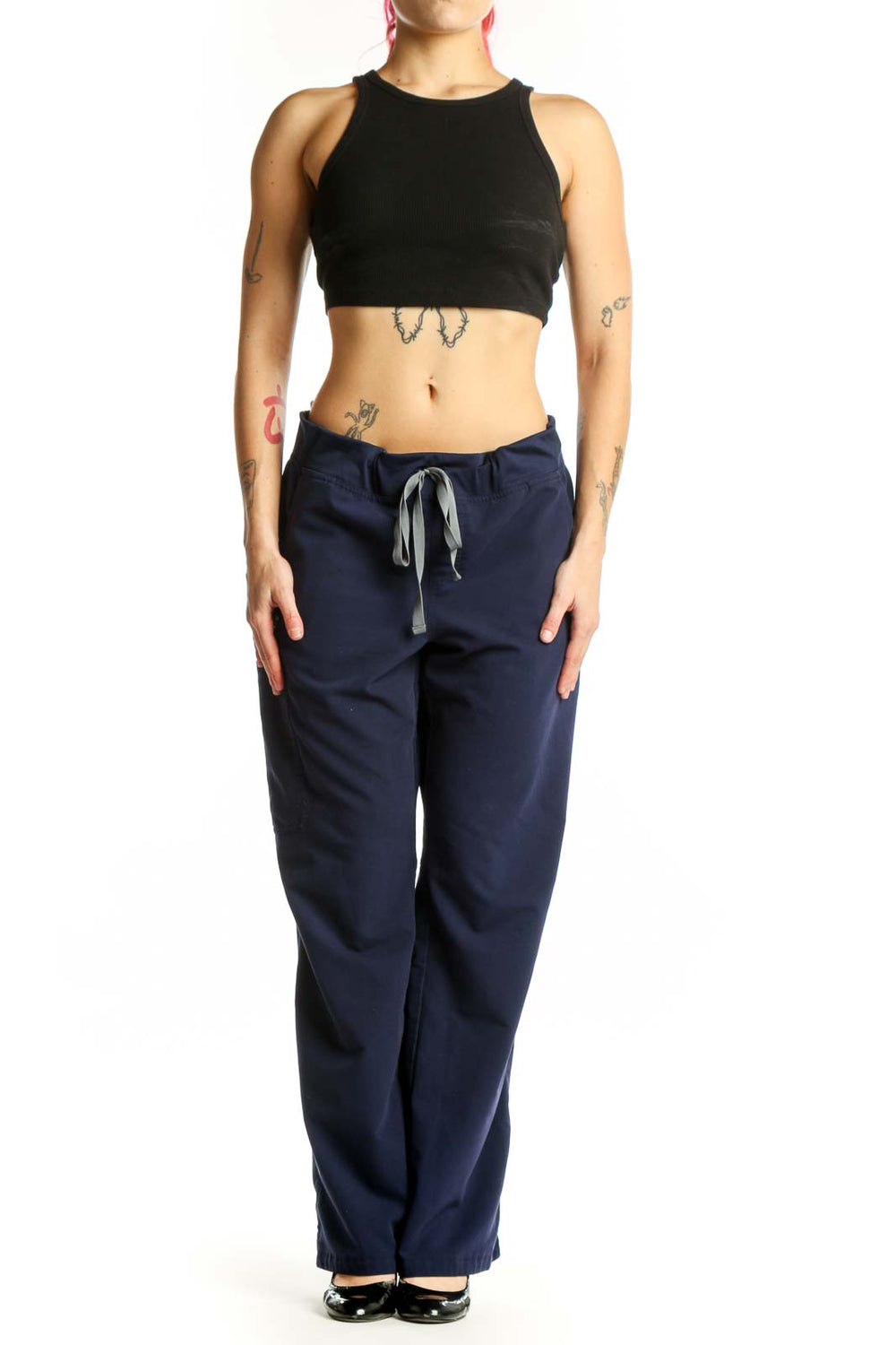 Navy drawstring jogger pants front view showing relaxed fit and adjustable waistband