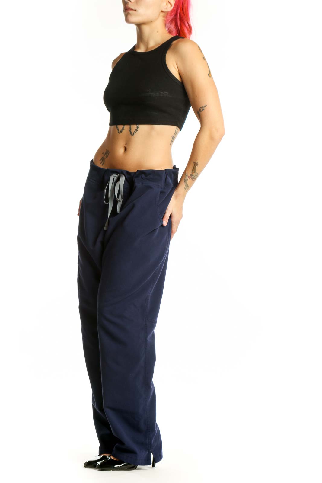 Navy drawstring jogger pants front view showing relaxed fit and adjustable waistband