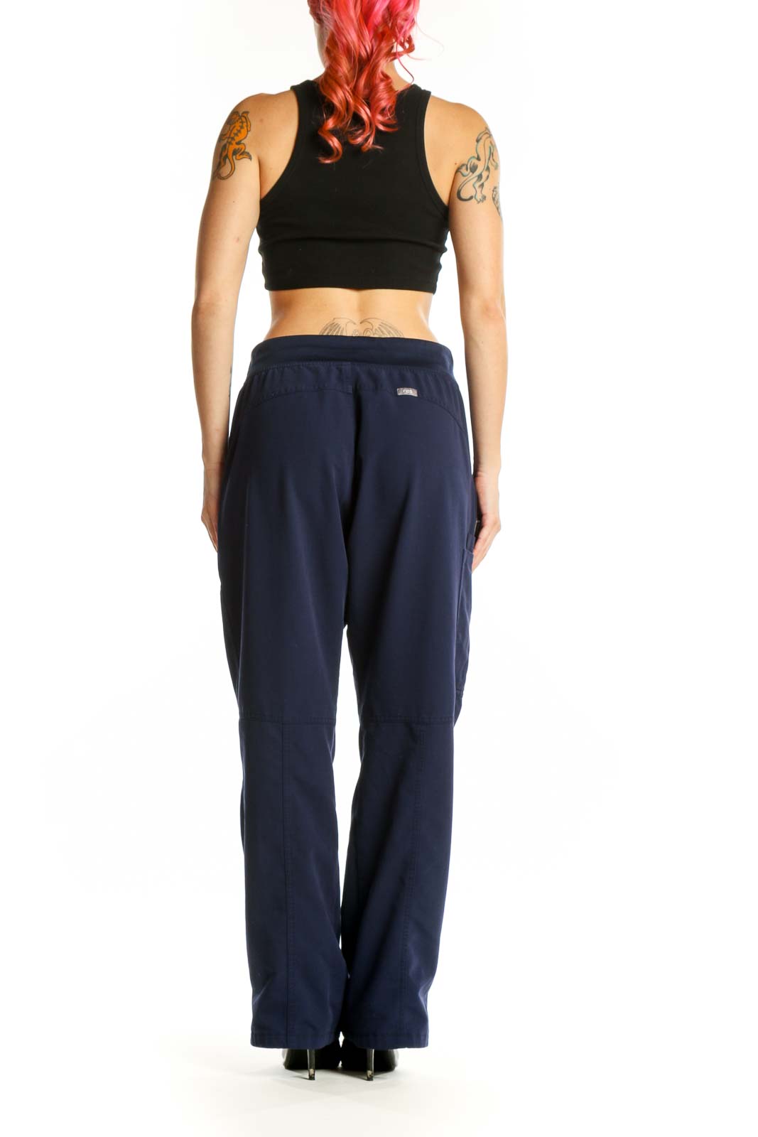 Navy drawstring jogger pants back view displaying tapered leg and overall silhouette