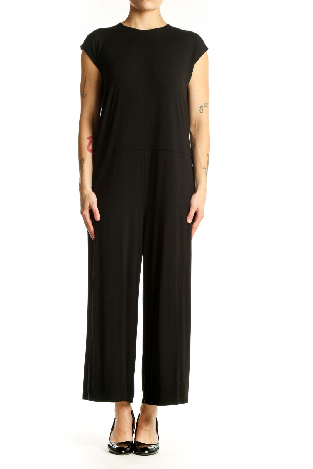 Black Tencel Lyocell and Spandex jumpsuit by Eileen Fisher, front view showing crew neckline, cap sleeves, and wide-leg cropped pants
