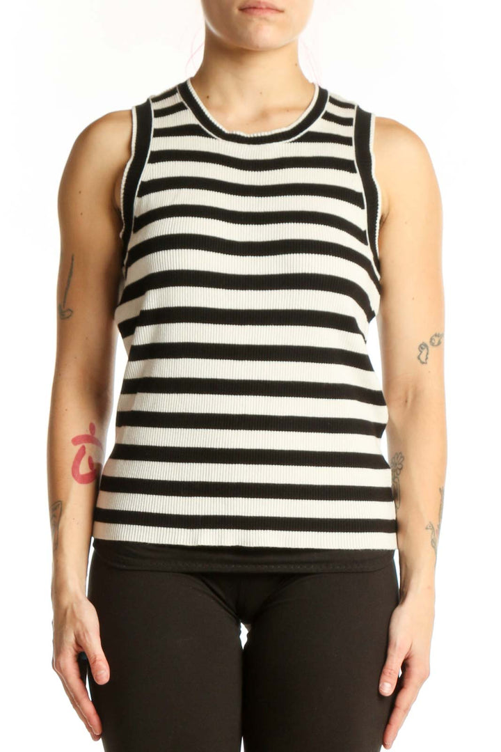 Black and white horizontal striped Halston tank top with crew neckline and ribbed trim, front view