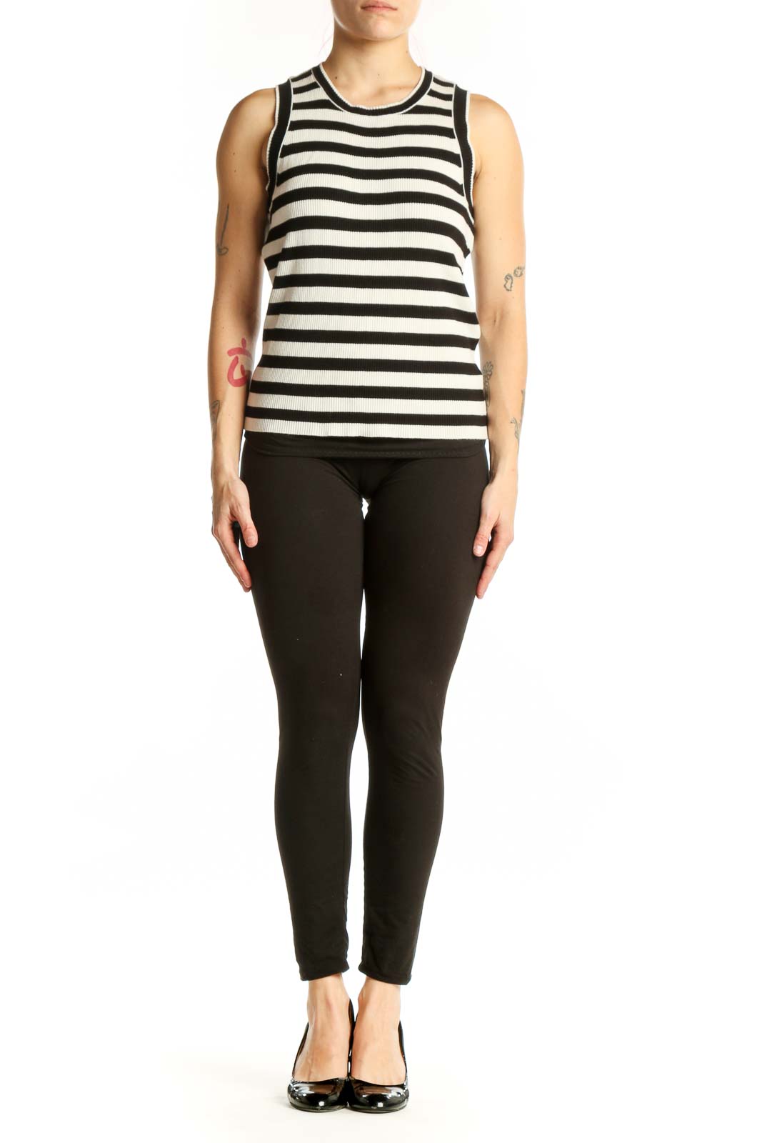 Black and white horizontal striped Halston tank top with crew neckline and ribbed trim, front view
