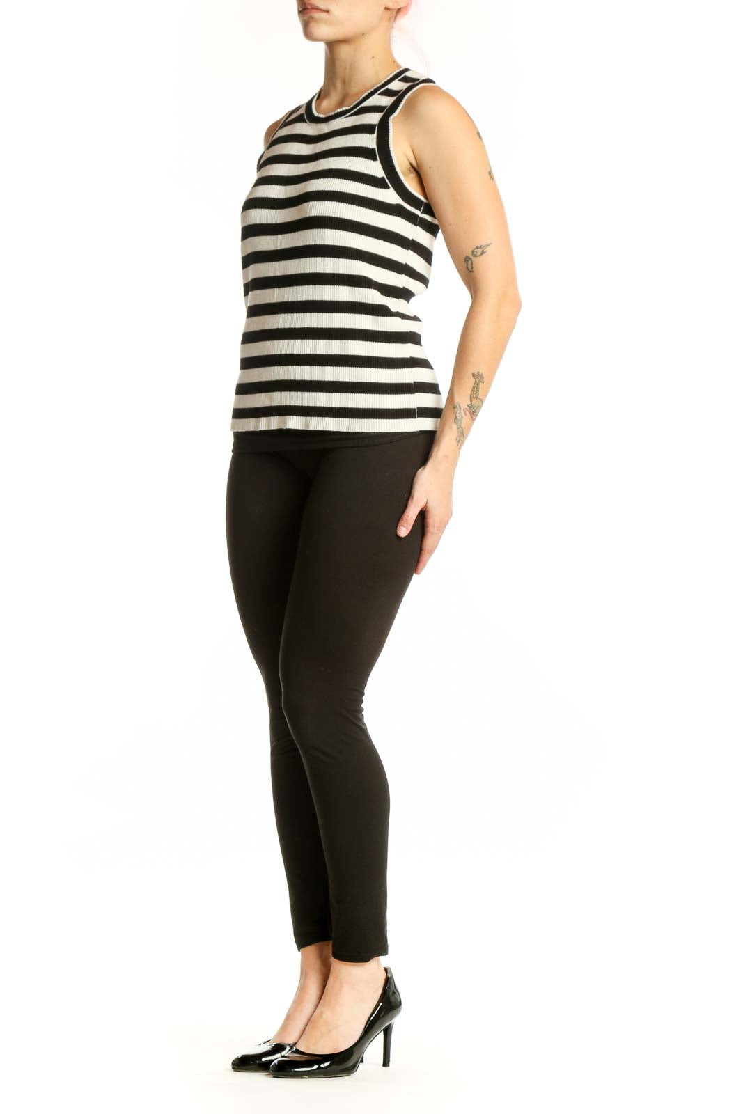 Black and white horizontal striped Halston tank top with crew neckline and ribbed trim, front view