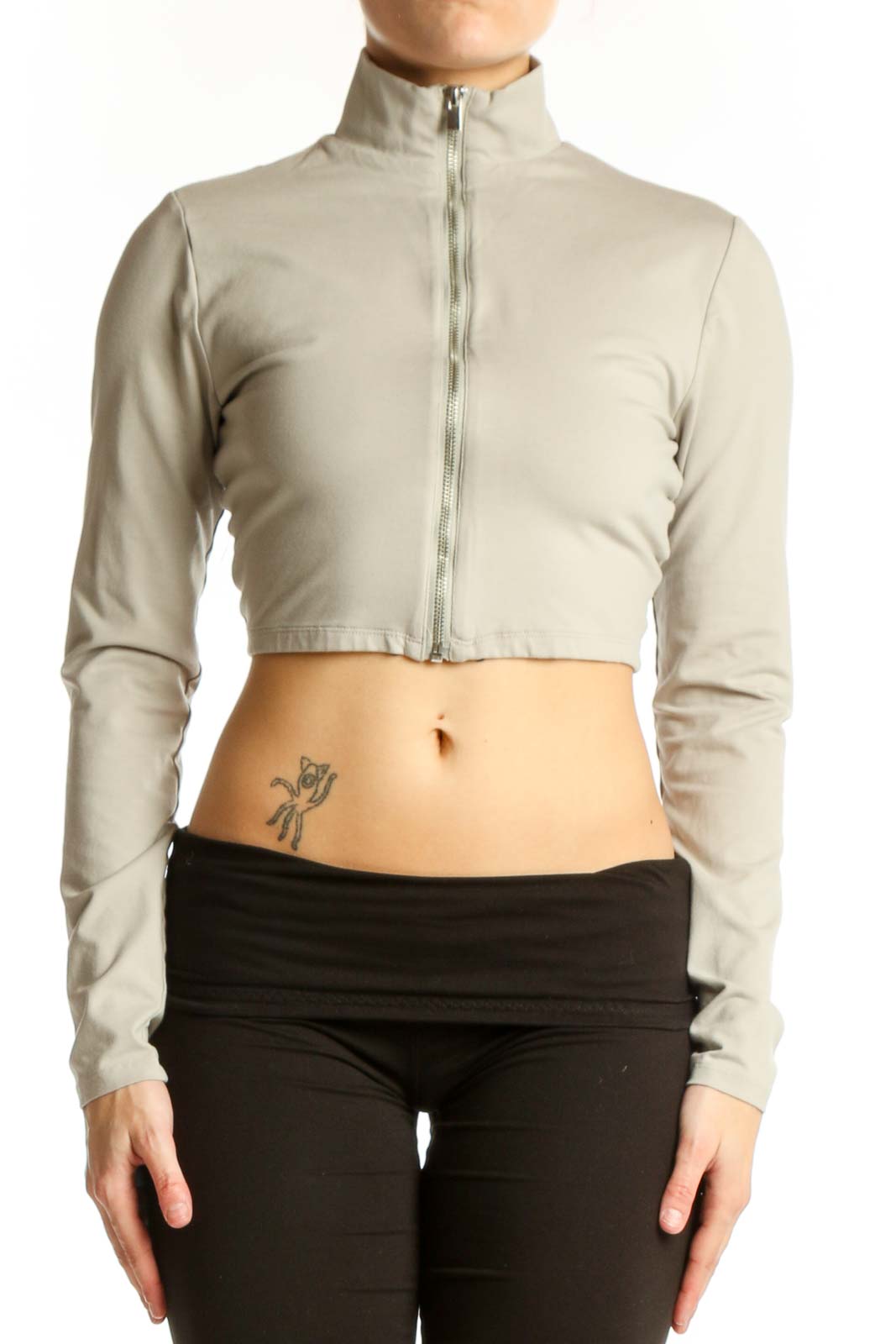 Cream cropped zip-up jacket front view, showing fitted silhouette and front zip closure