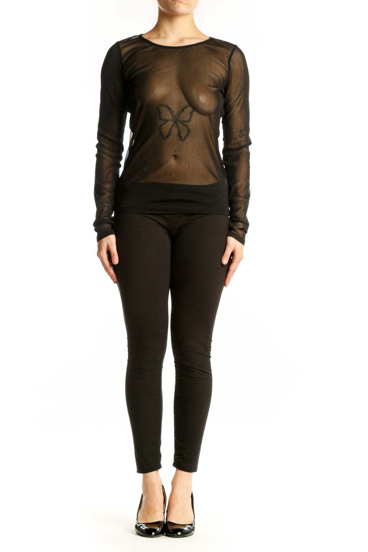 Black mesh long sleeve top with butterfly graphic design by Express, front view