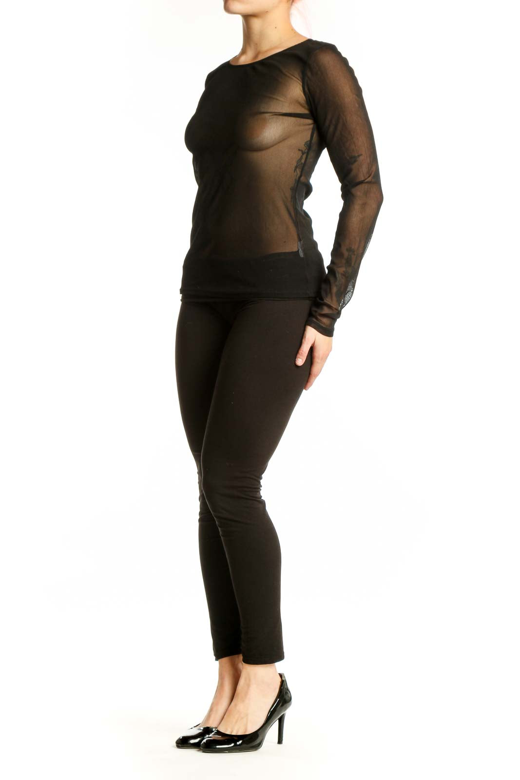 Black mesh long sleeve top with butterfly graphic design by Express, front view
