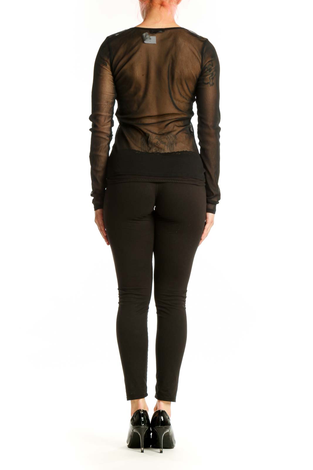 Black mesh long sleeve top by Express, back view showing sheer mesh construction