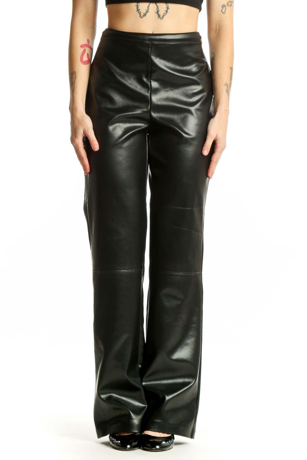 Black faux leather high-waisted straight-leg pants by Joseph Ribkoff, front view on model
