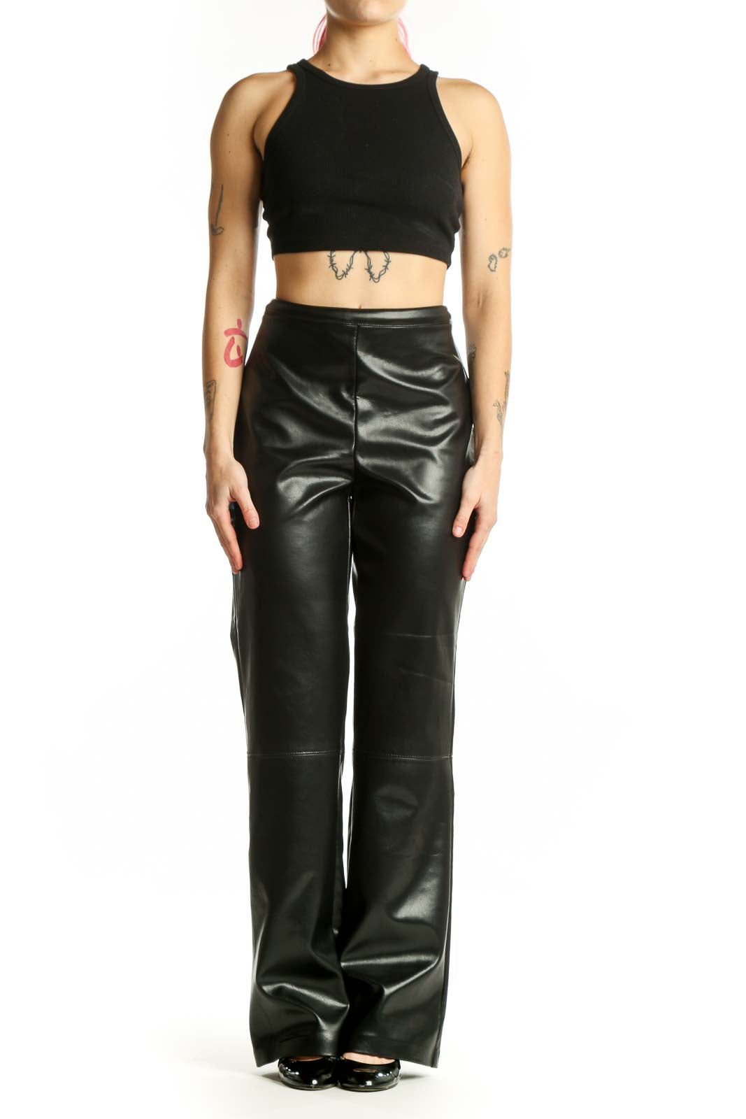 Black faux leather high-waisted straight-leg pants by Joseph Ribkoff, front view on model