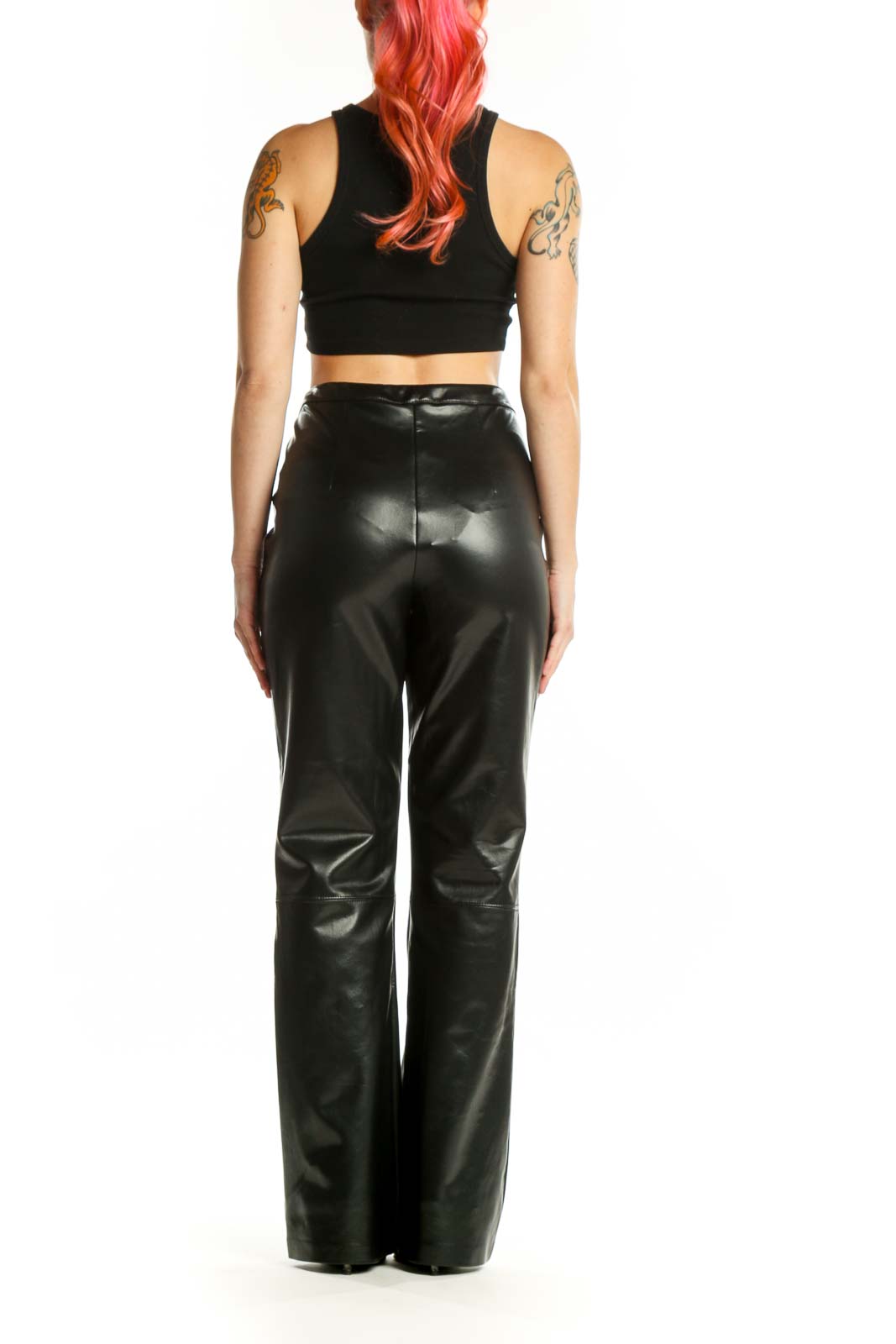 Black faux leather high-waisted straight-leg pants by Joseph Ribkoff, back view on model