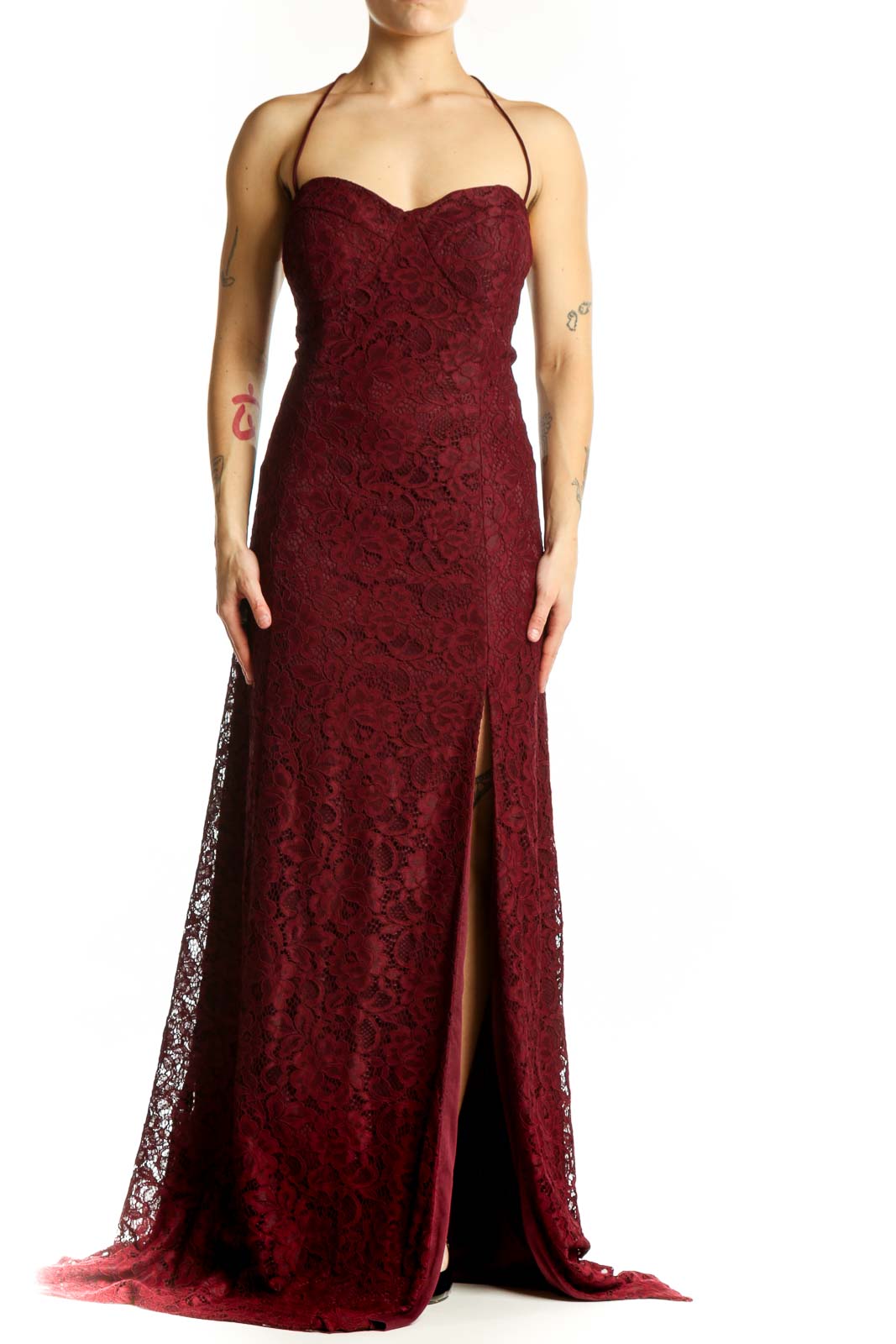 Burgundy lace halter maxi dress with sweetheart neckline and high slit, front view