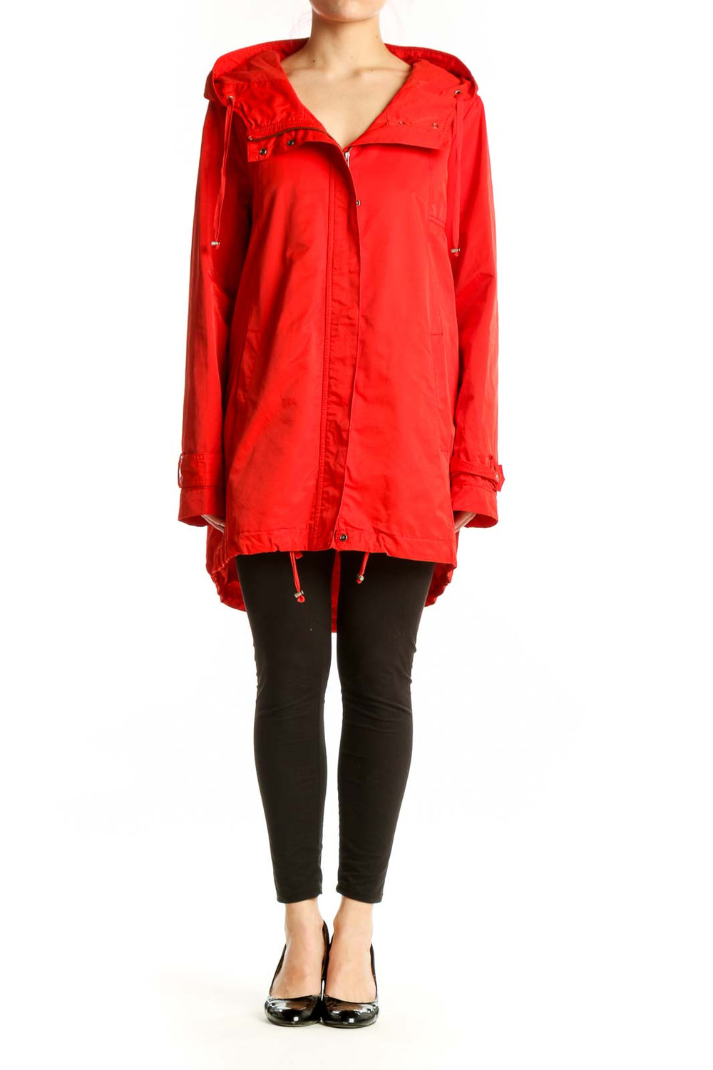 Red hooded cotton nylon jacket by Eileen Fisher with drawstring details and relaxed fit, front view