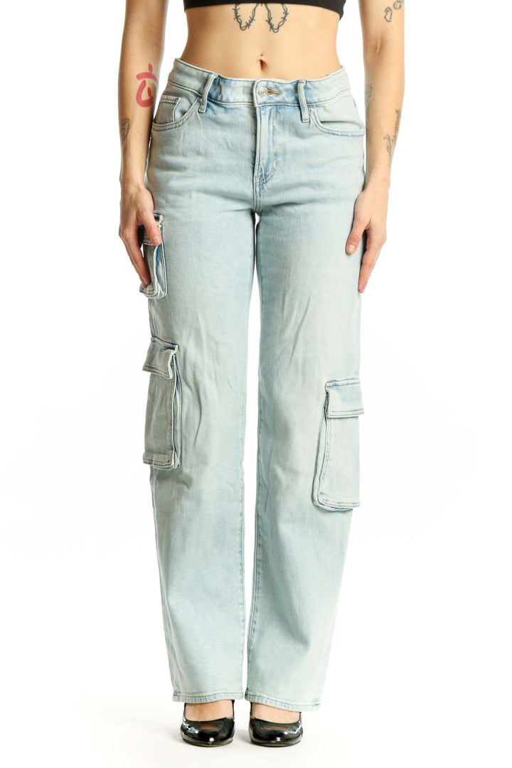 Light blue cargo denim jeans from Express in XS, featuring functional side pockets and high-rise waist, front view
