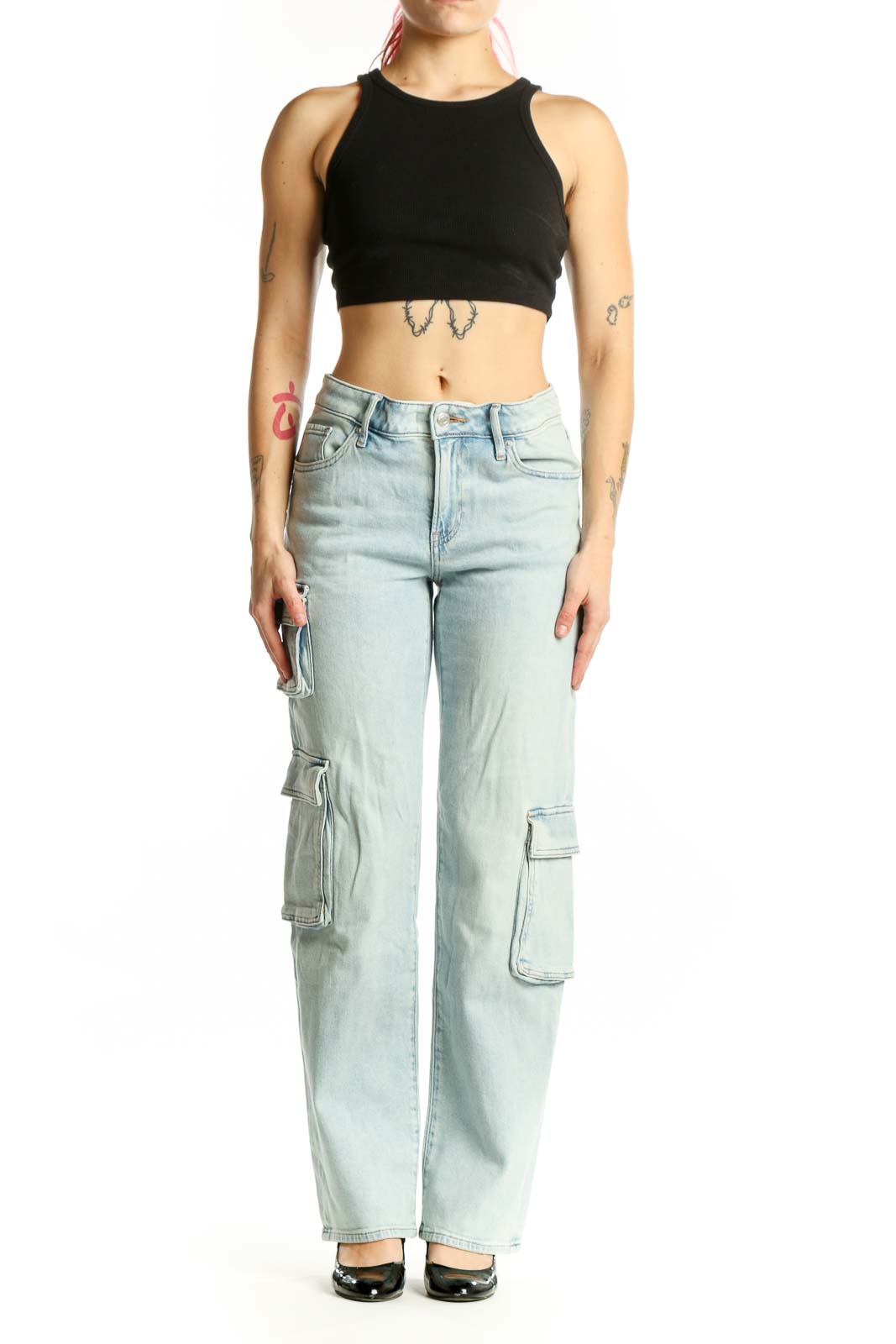 Light blue cargo denim jeans from Express in XS, featuring functional side pockets and high-rise waist, front view