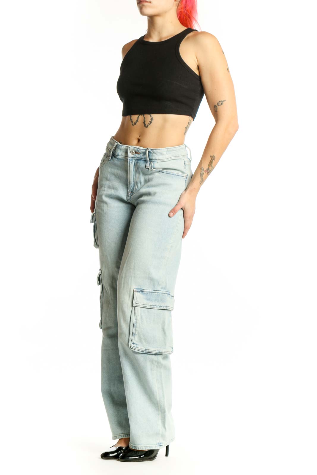 Light blue cargo denim jeans from Express in XS, featuring functional side pockets and high-rise waist, front view