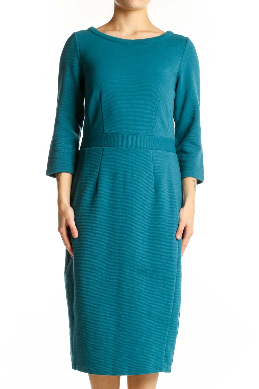 Teal three-quarter sleeve midi dress with empire waist and pleated detail, front view