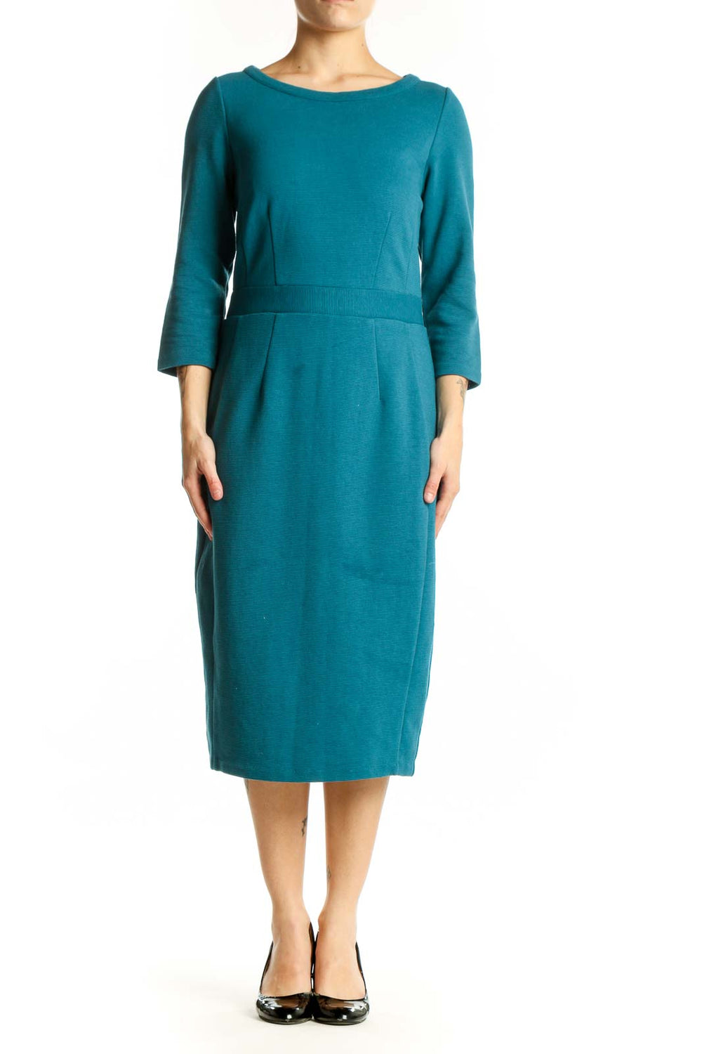 Teal three-quarter sleeve midi dress with empire waist and pleated detail, front view