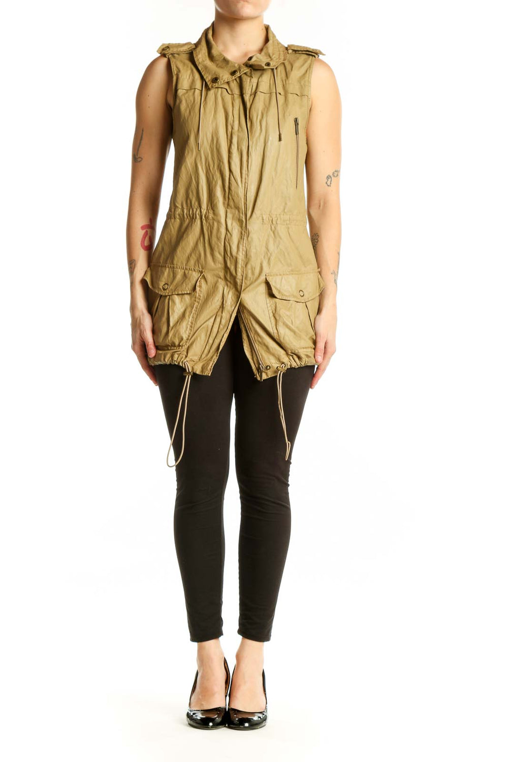 Beige sleeveless cargo vest top with metal hardware and cargo pockets, front view