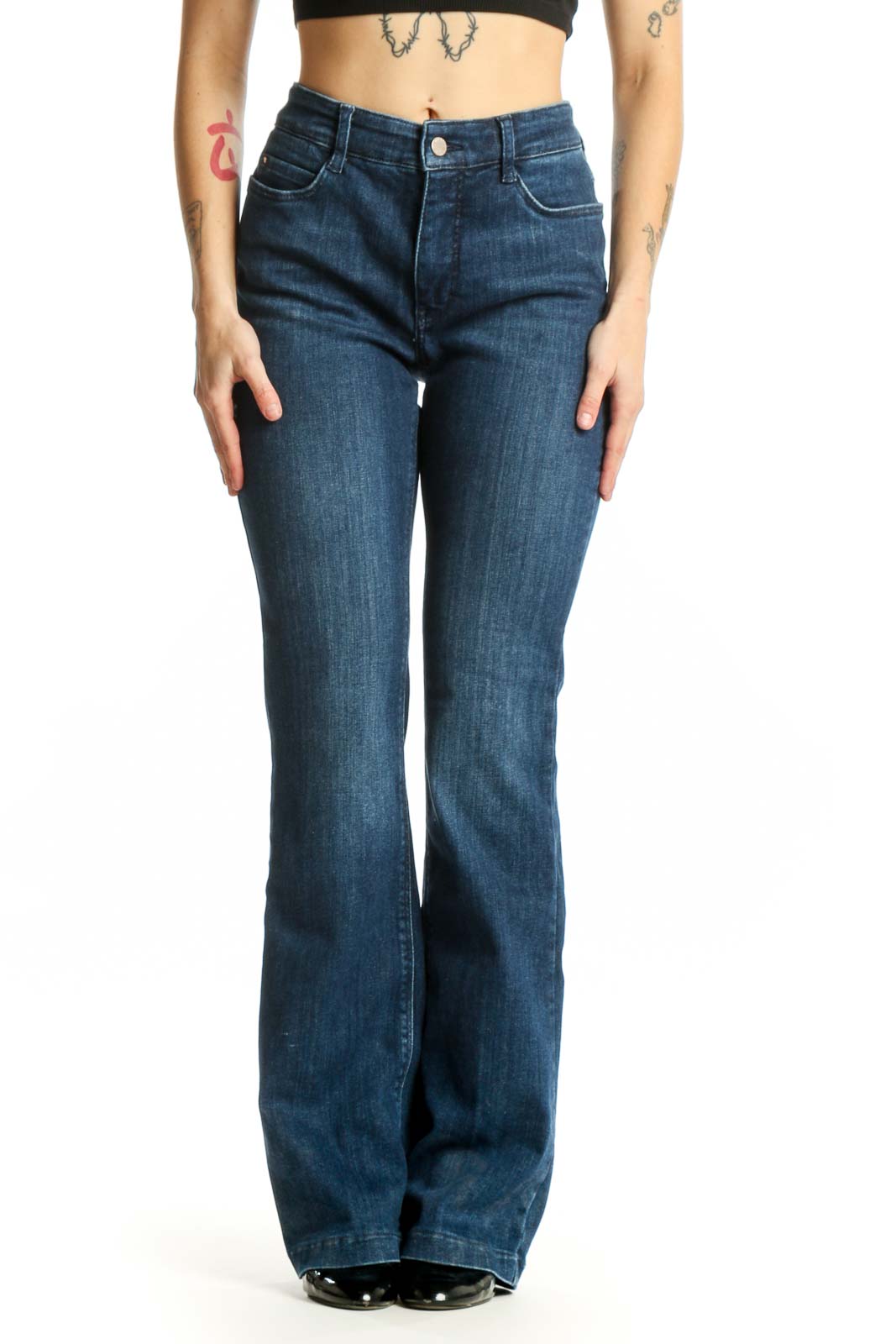 Front view of blue flare denim jeans by Dream Jeans by MAC, size medium, featuring classic five-pocket design and button-fly closure