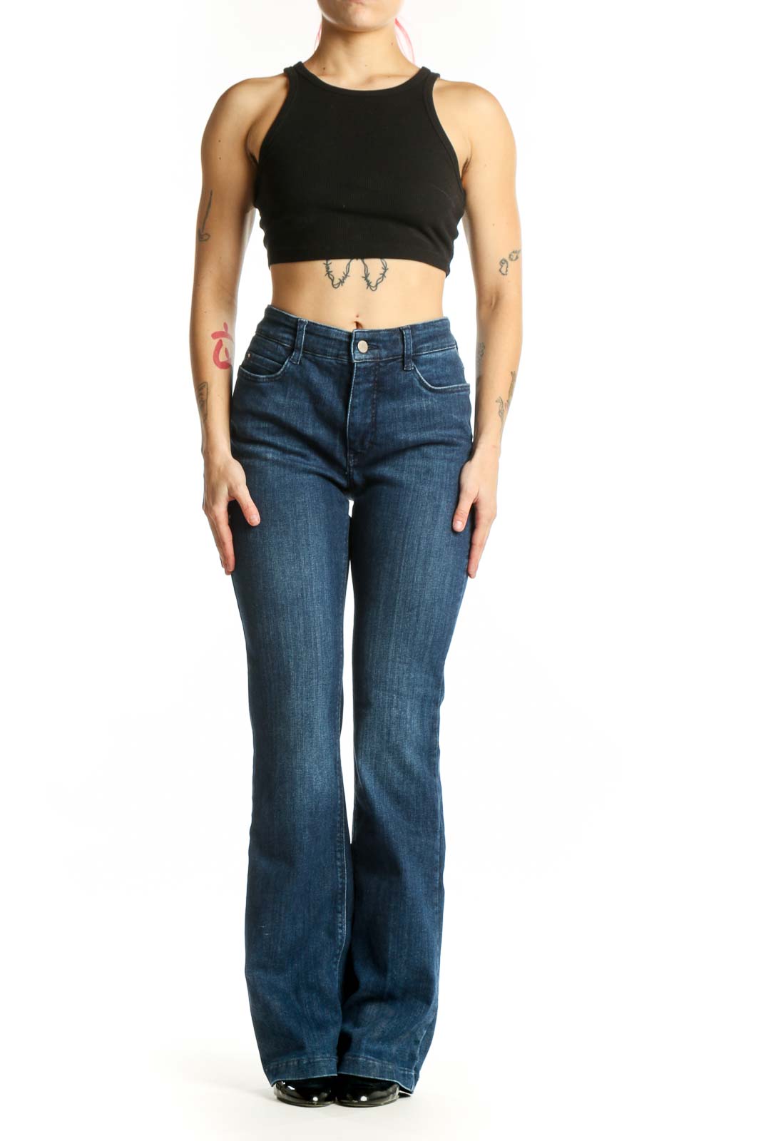 Front view of blue flare denim jeans by Dream Jeans by MAC, size medium, featuring classic five-pocket design and button-fly closure