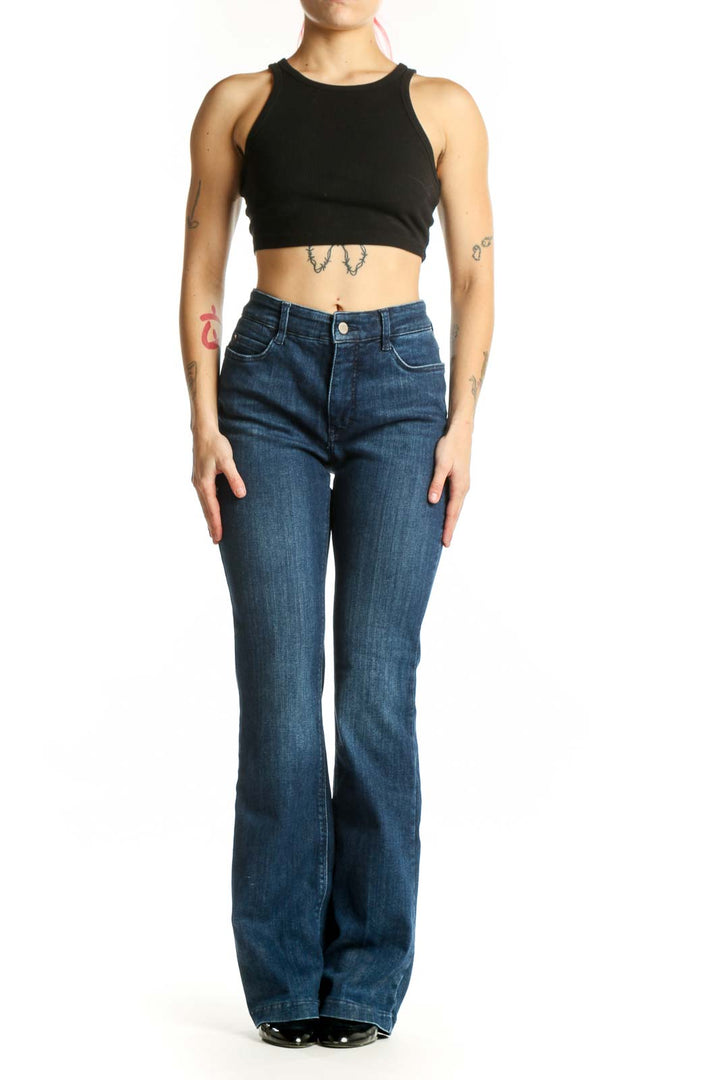 Front view of blue flare denim jeans by Dream Jeans by MAC, size medium, featuring classic five-pocket design and button-fly closure