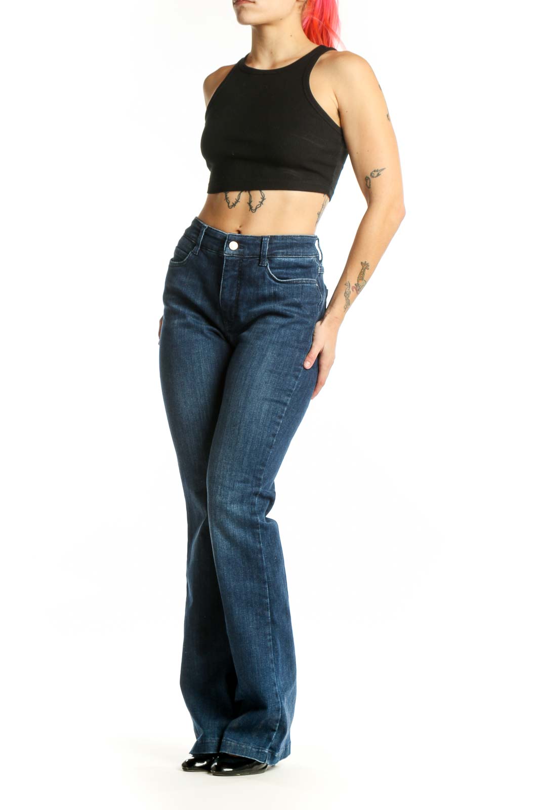 Front view of blue flare denim jeans by Dream Jeans by MAC, size medium, featuring classic five-pocket design and button-fly closure