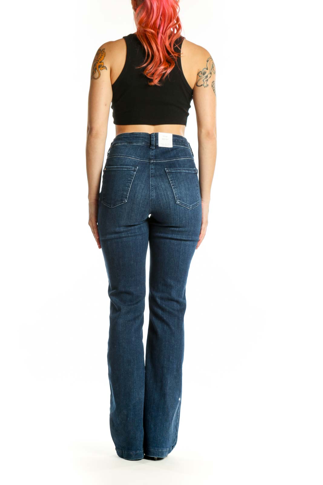 Back view of blue flare denim jeans by Dream Jeans by MAC, size medium, showcasing flattering flare leg silhouette and authentic denim wash