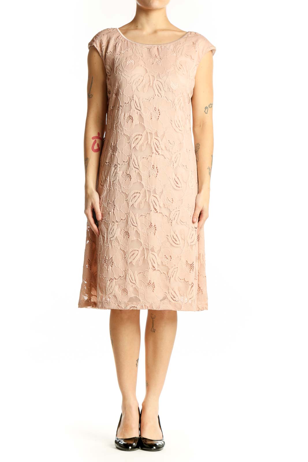 Beige lace shift dress front view featuring intricate all-over lace pattern and short cap sleeves