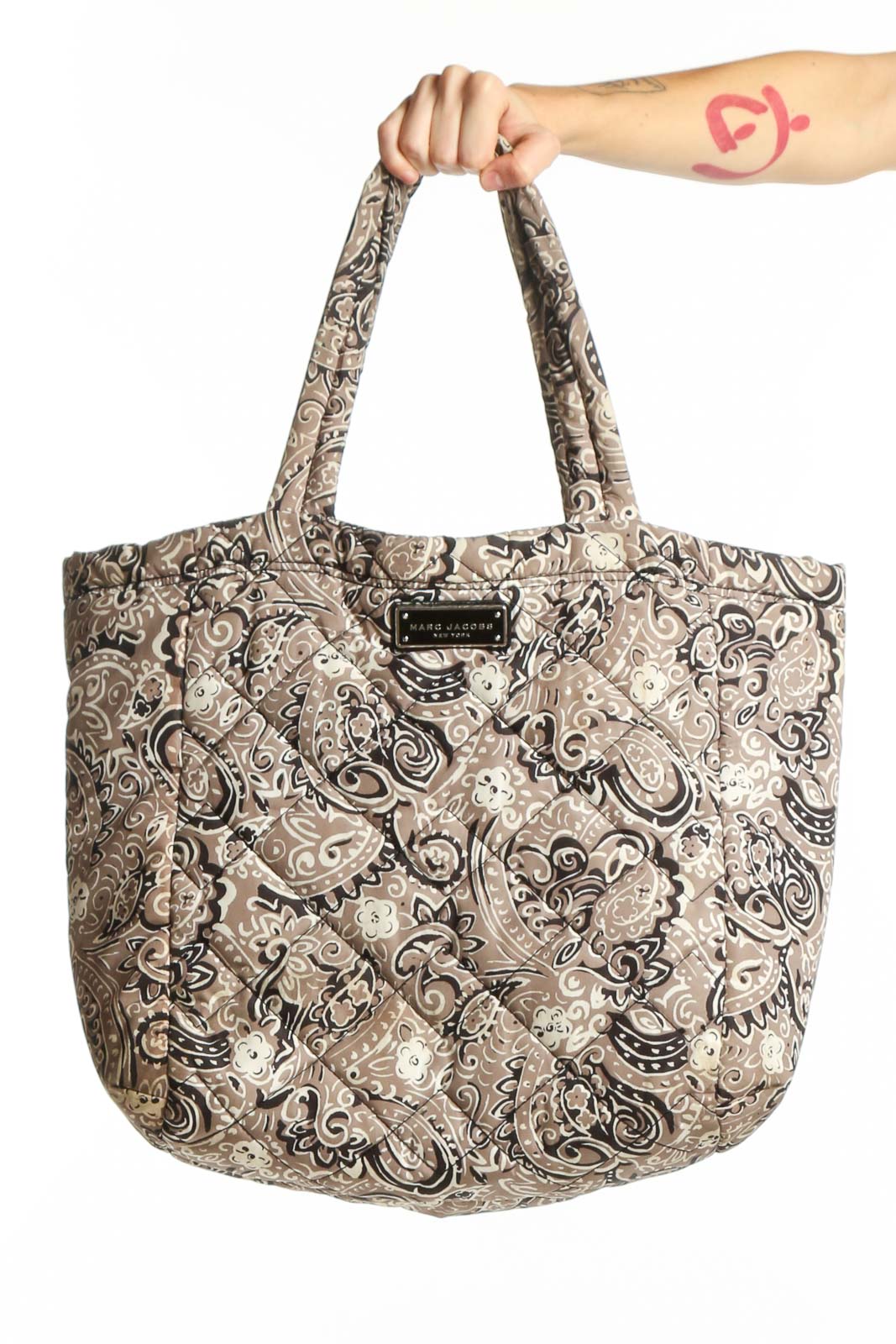 Beige and black paisley Marc Jacobs medium tote bag with dual handles, front view