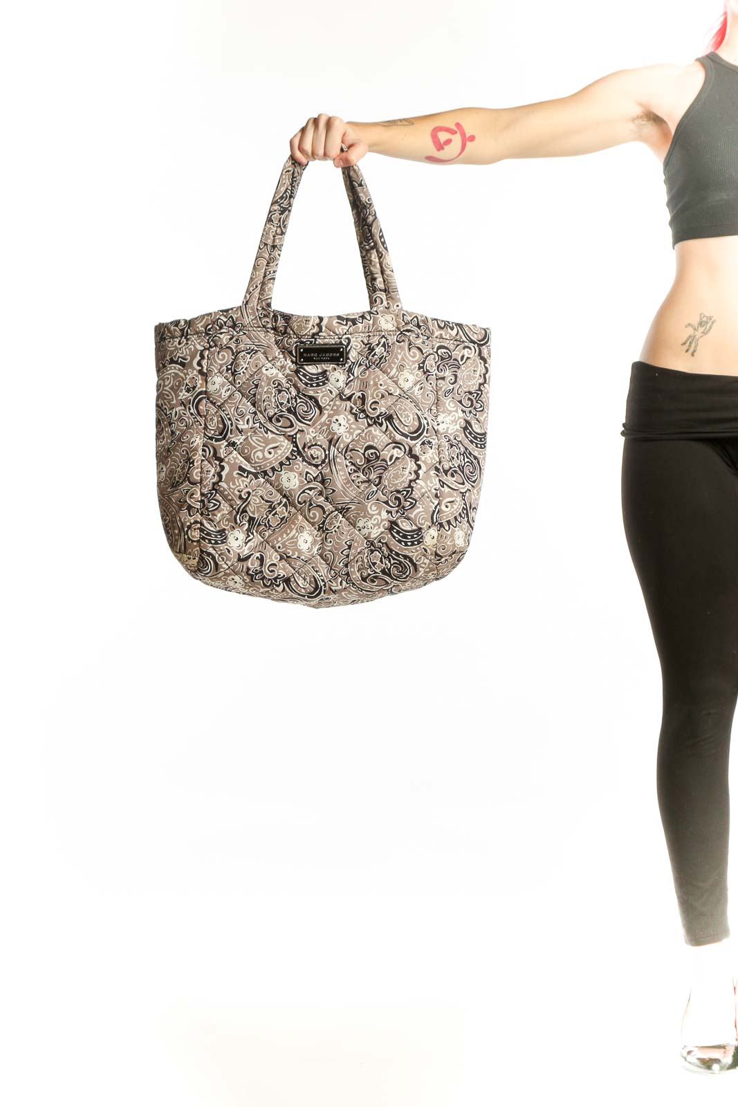 Beige and black paisley Marc Jacobs medium tote bag with dual handles, front view