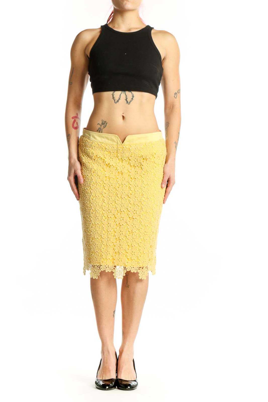 Yellow lace pencil skirt with scalloped edges and intricate lace detailing, front view