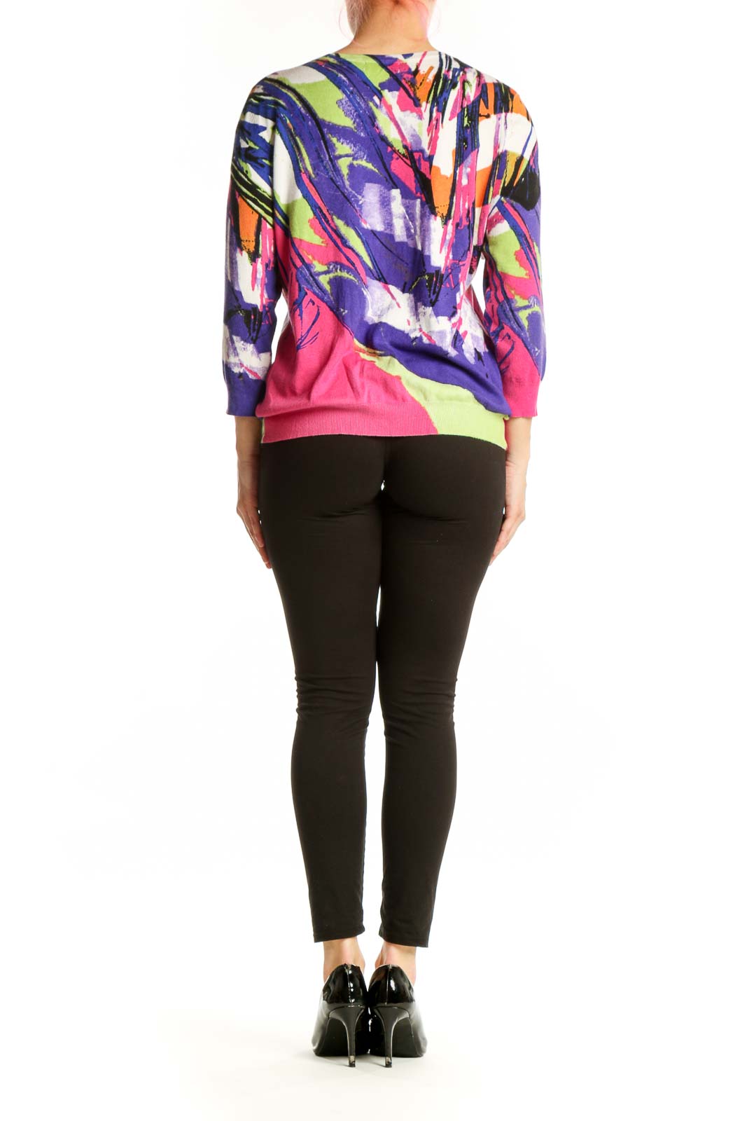 Back view of multicolor abstract cardigan top showing vibrant abstract pattern and three-quarter length sleeves