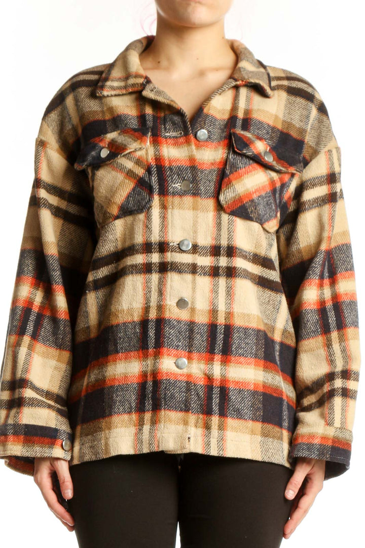 Cream plaid button-up jacket with orange and navy pattern, front view on model