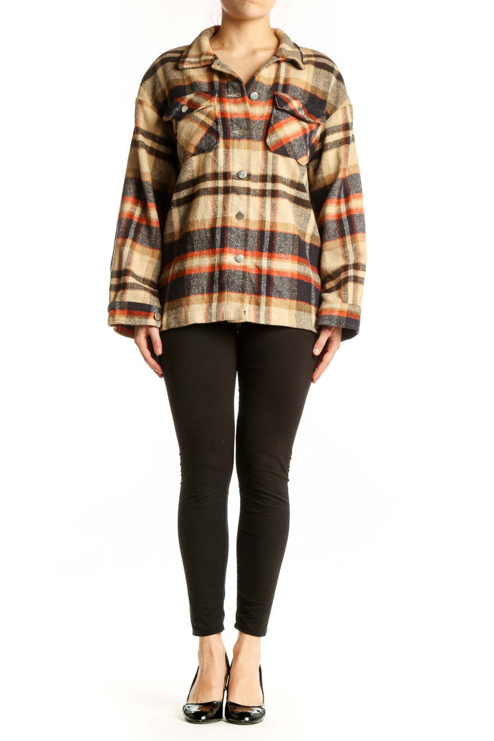 Cream plaid button-up jacket with orange and navy pattern, front view on model