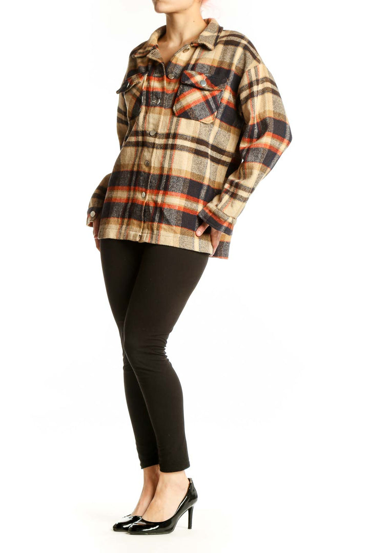 Cream plaid button-up jacket with orange and navy pattern, front view on model