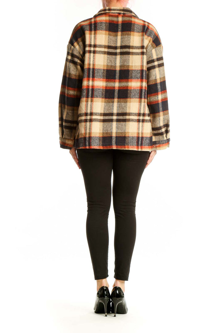 Cream plaid button-up jacket with orange and navy pattern, back view on model