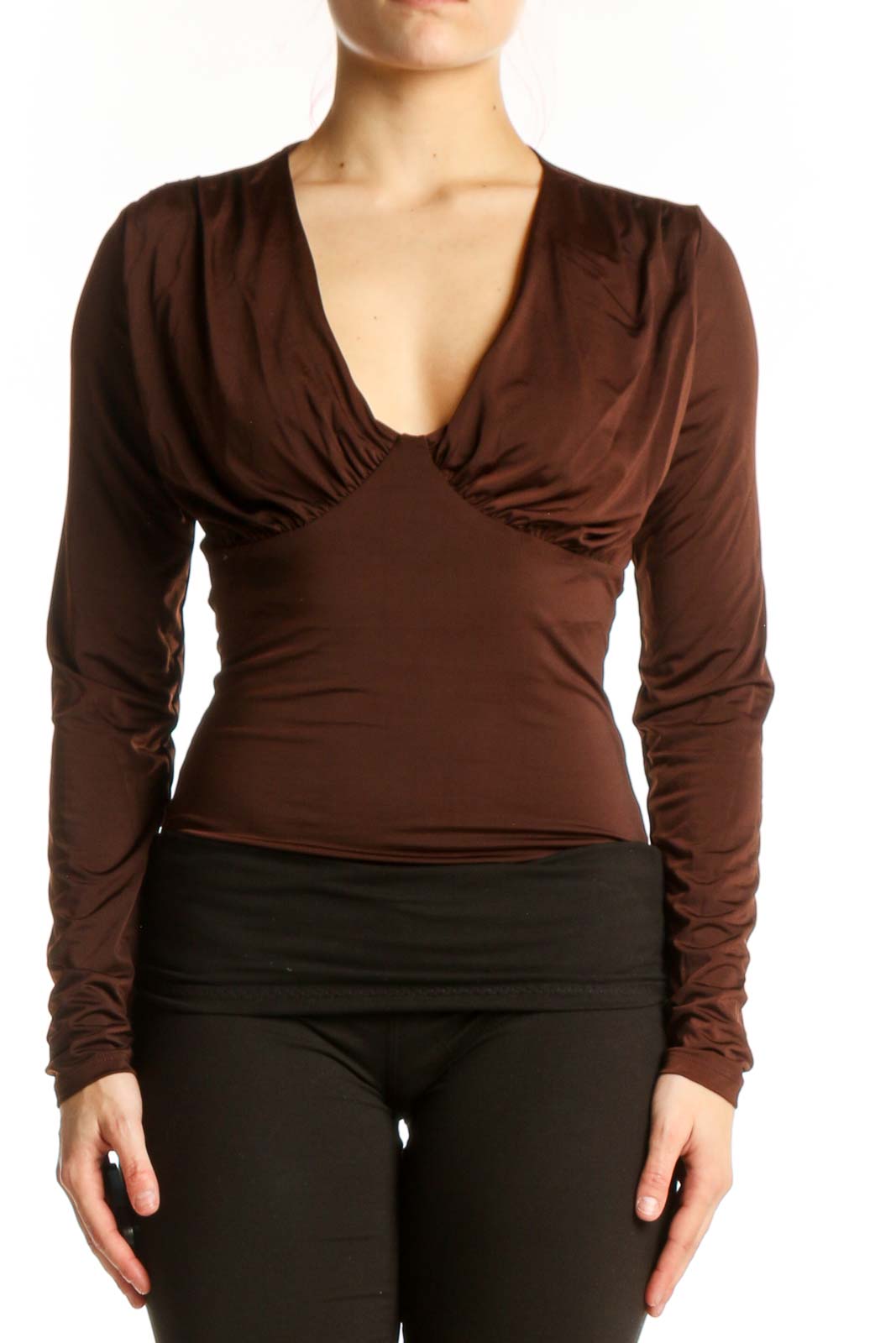 Brown v-neck long sleeve fitted top with ruched bust detailing, front view