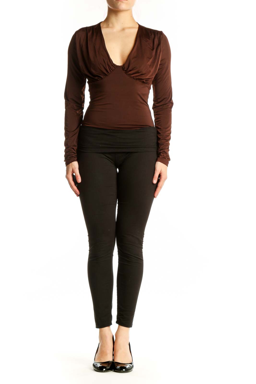 Brown v-neck long sleeve fitted top with ruched bust detailing, front view