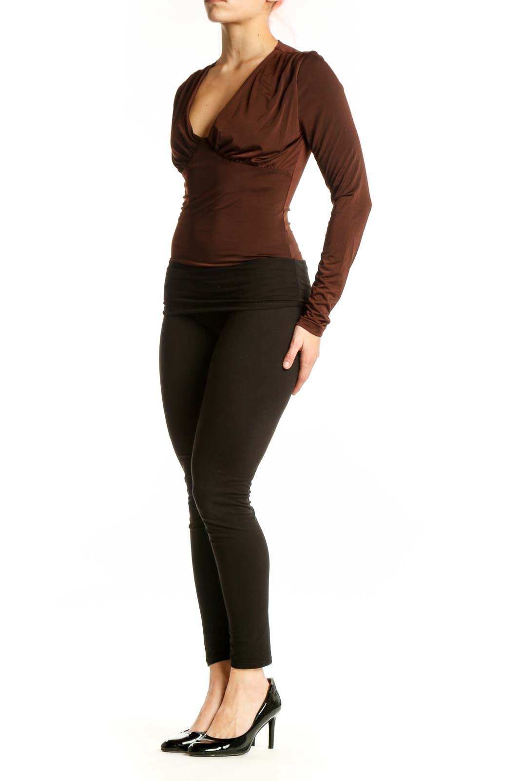 Brown v-neck long sleeve fitted top with ruched bust detailing, front view