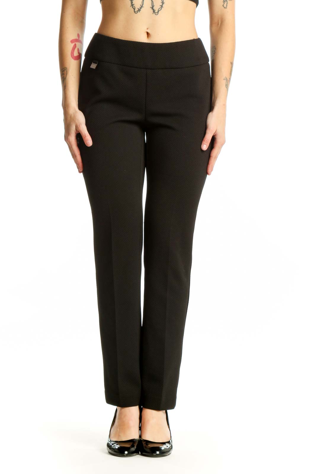 Black stretch dress pants with high-waisted design and straight-leg cut, front view