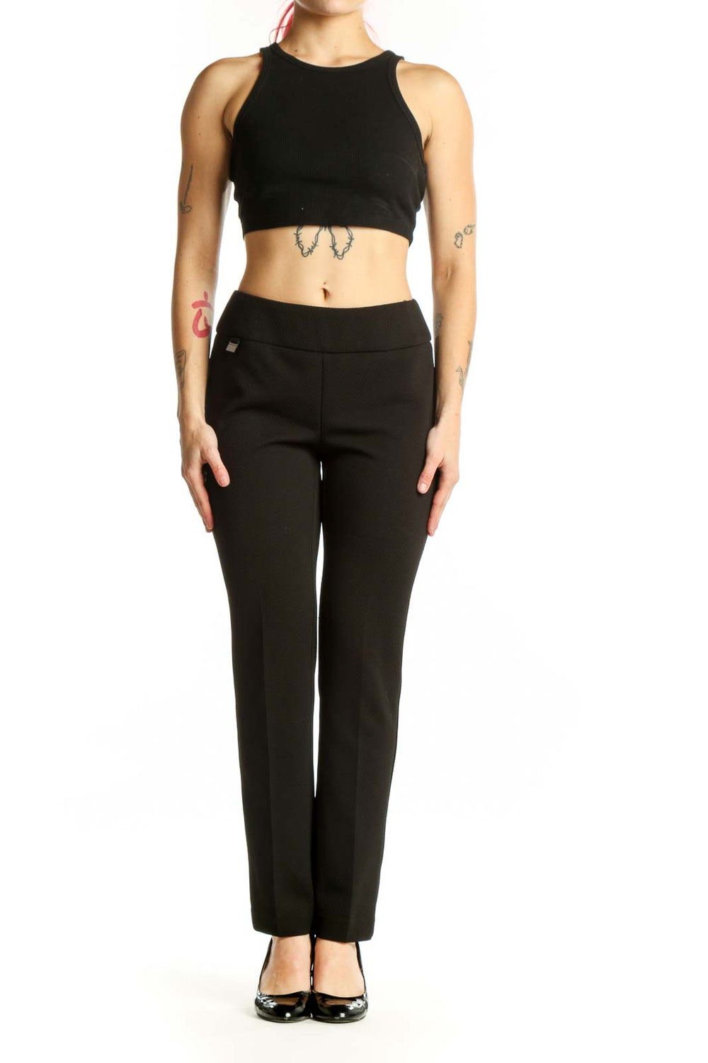Black stretch dress pants with high-waisted design and straight-leg cut, front view