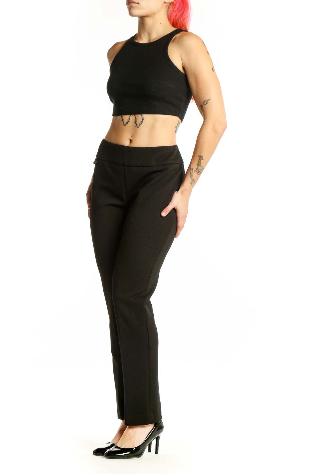 Black stretch dress pants with high-waisted design and straight-leg cut, front view