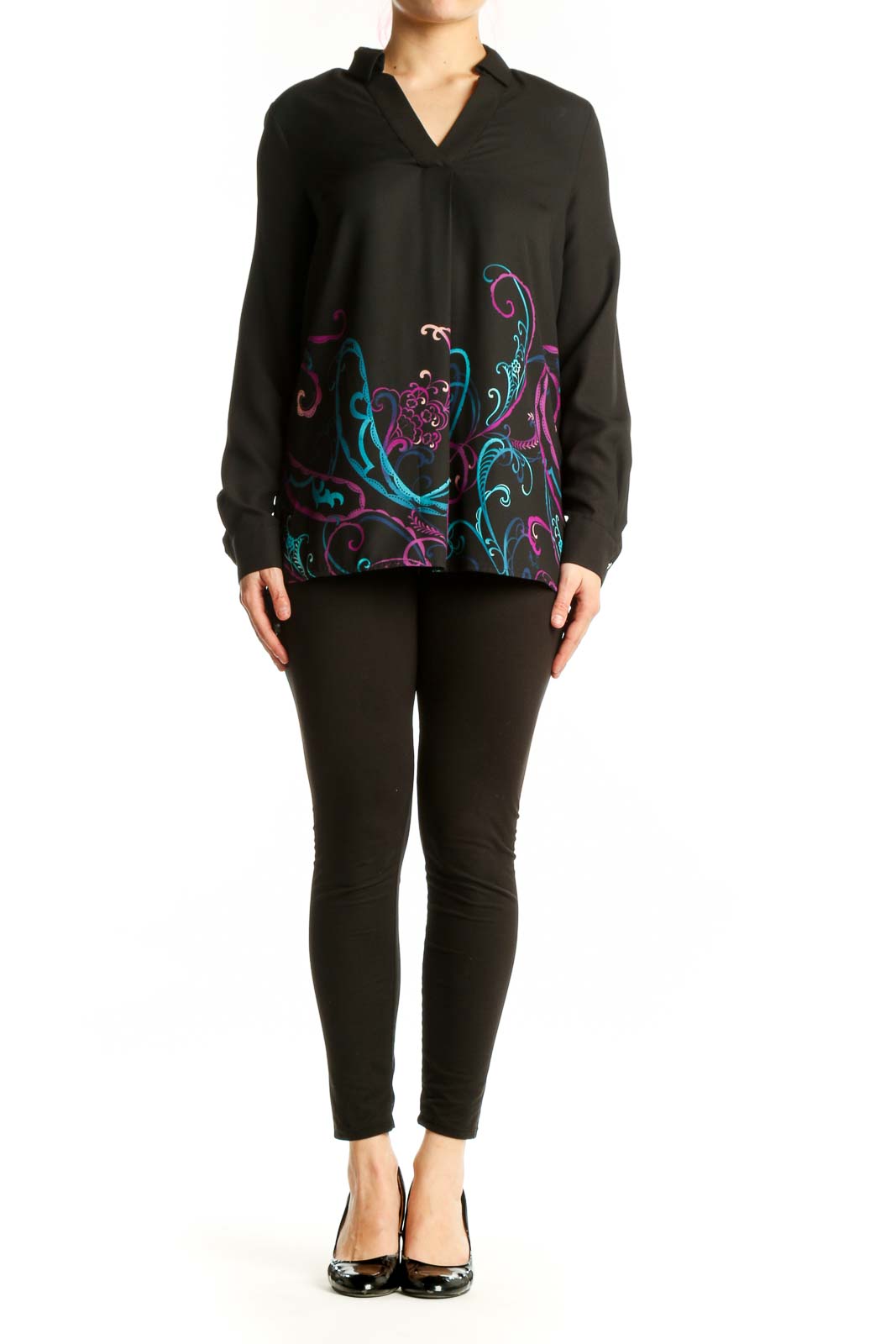 Black Dana Buchman blouse with vibrant teal, magenta, and purple embroidered floral design on front