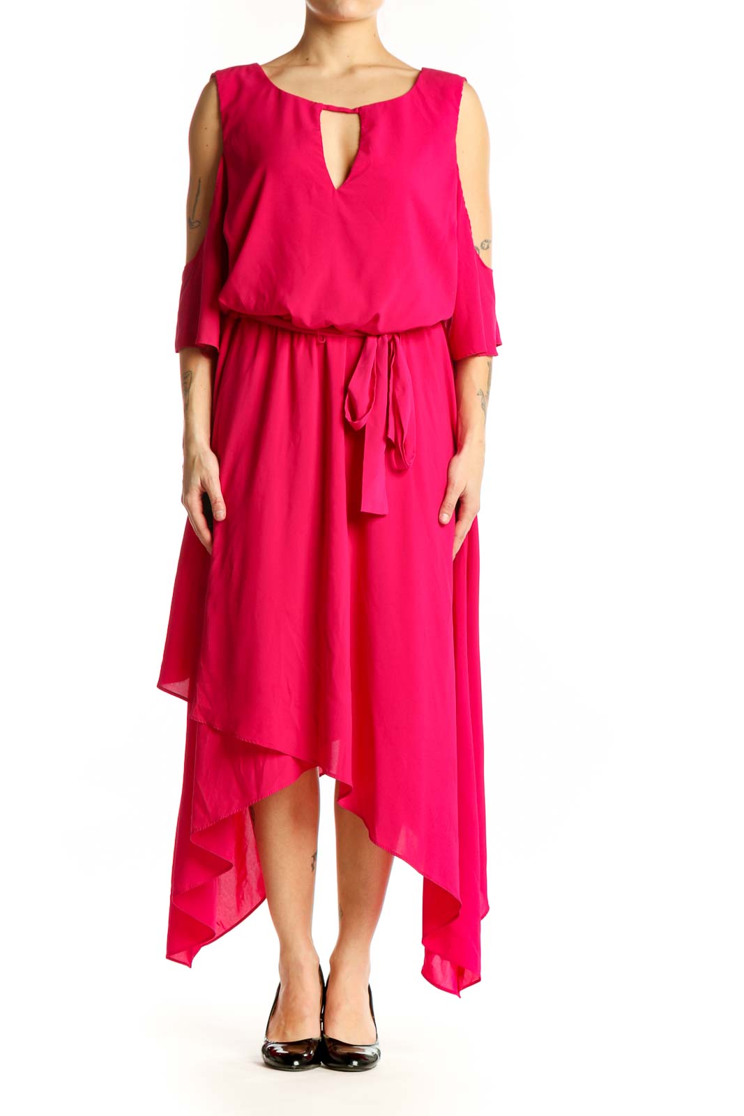 Front view of pink cold shoulder midi dress with keyhole neckline and asymmetrical hemline by Lane Bryant