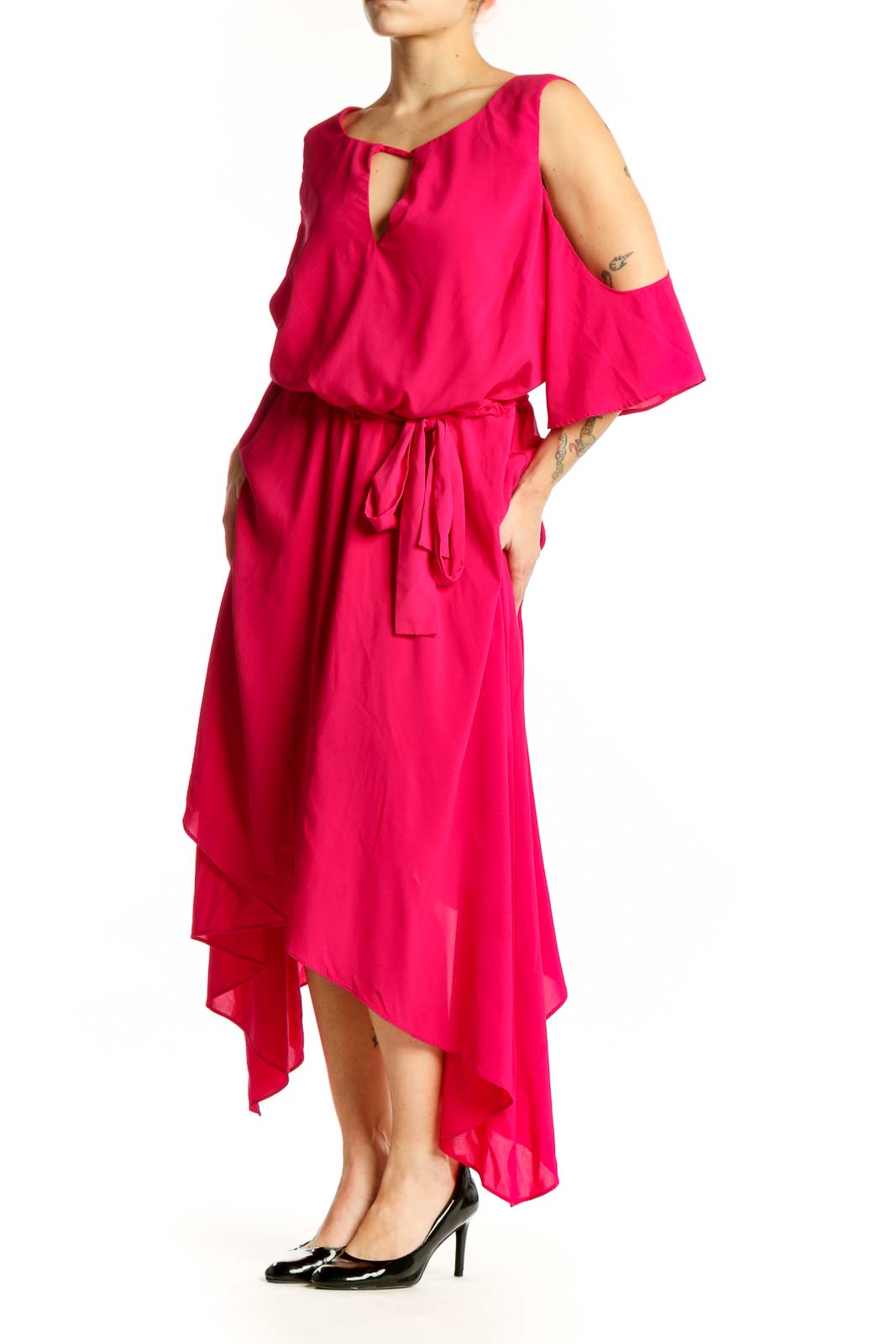 Front view of pink cold shoulder midi dress with keyhole neckline and asymmetrical hemline by Lane Bryant